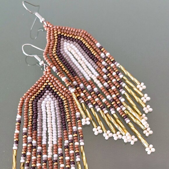 Hand Beaded Neutral Brown Earthy Colors Metallic Gold Tassel Dangle Earrings - Picture 4 of 6